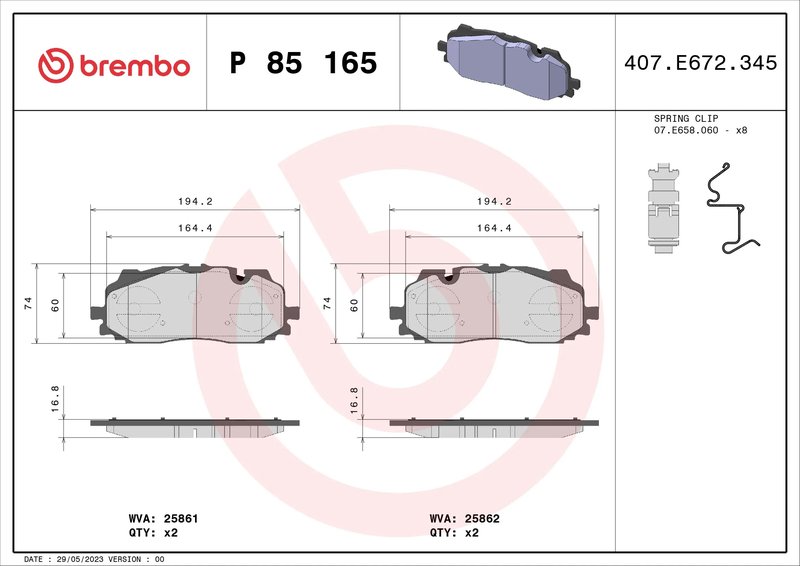 Set placute frana Brembo P 85 165