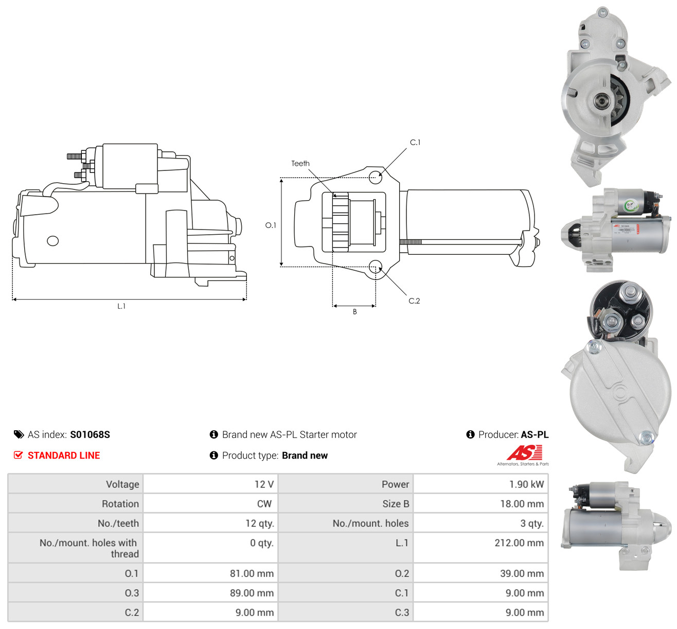 Starter 12V 1,9 kW 12 dinti