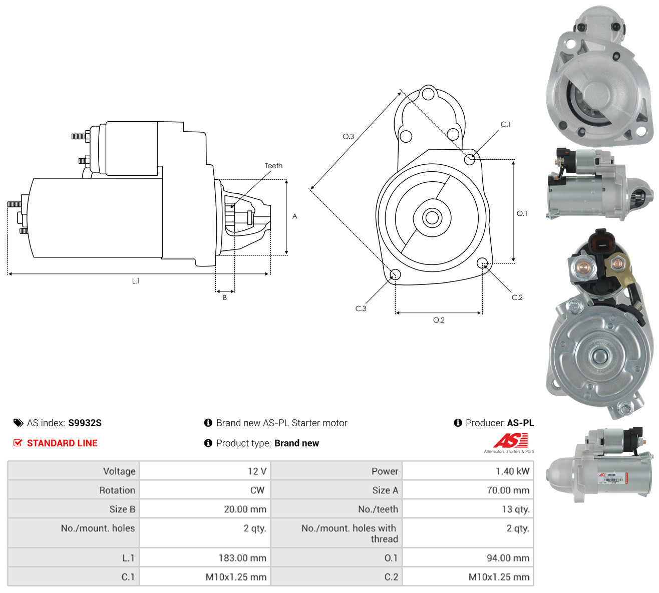 Starter 12V 1,4 kW 13 dinti